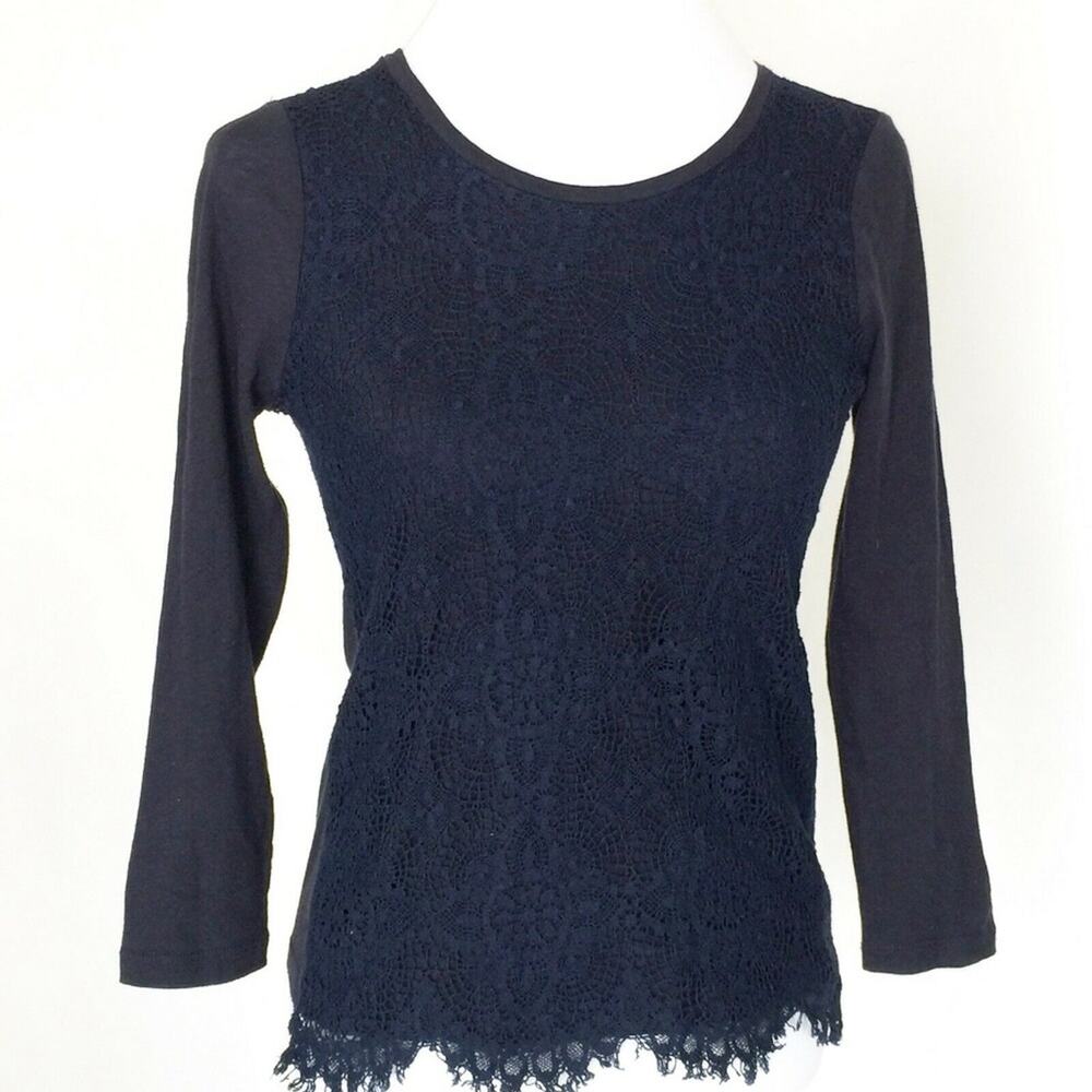 J Crew Women's Top Blue Small Long Sleeve Crochet Overlay Navy